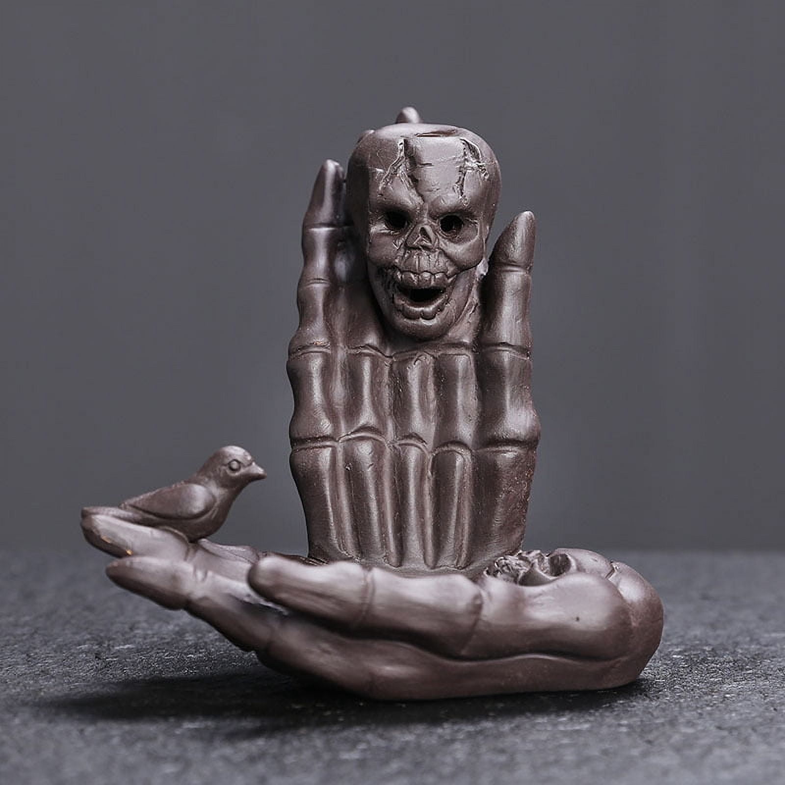 Ceramic Skull Head Incense Burner Ornament Ghost Hand Waterfall Backflow Incense Stick Holder Aromatherapy Halloween Decoration