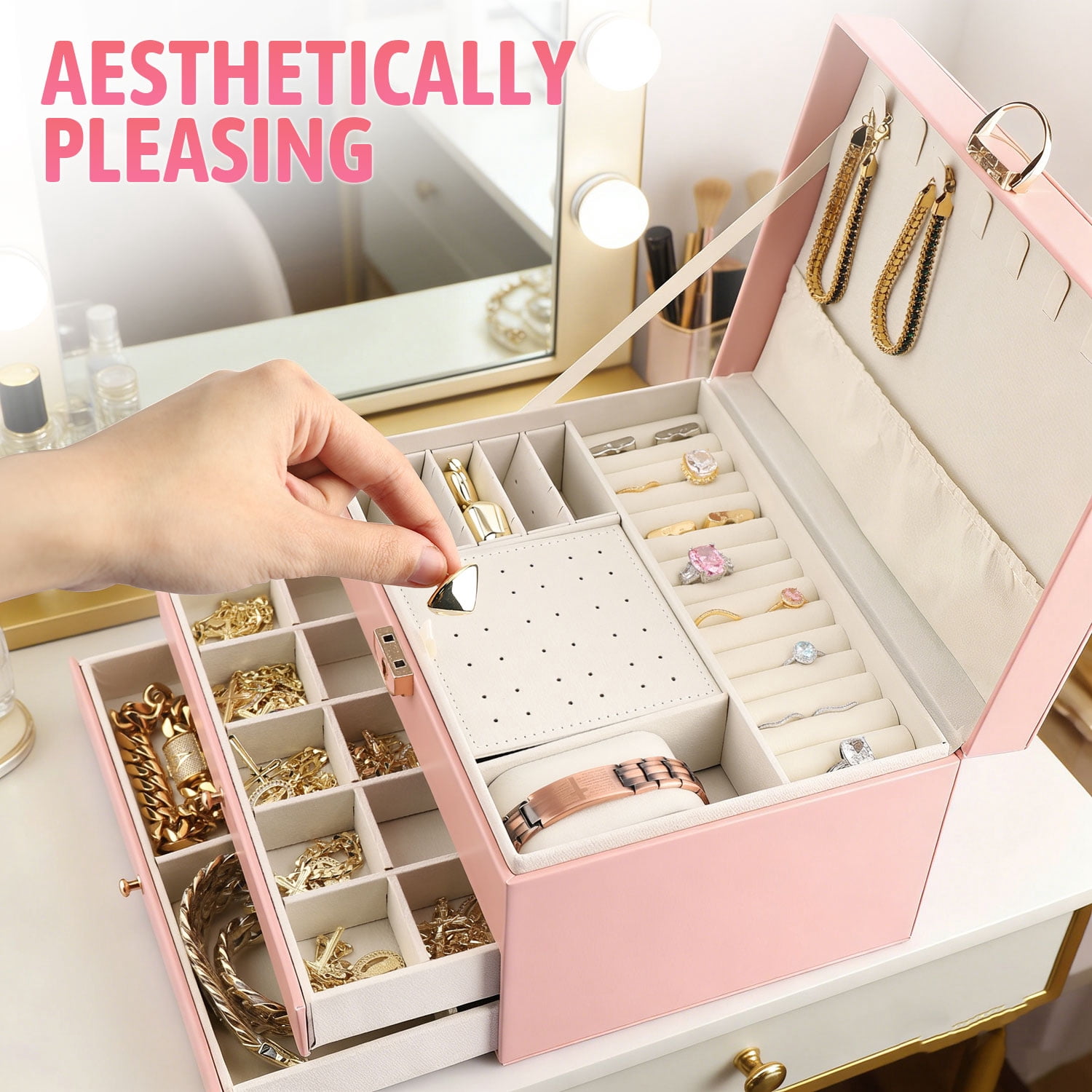 ASKITO 3 Layers Jewelry Box, Lockable Jewelry Holder Organizer with Drawer, Large Jewelry Boxes for Women Girls, Jewelry Holder for Necklace Earring Ring Bracelet Watch, Pink