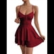 thumbnail image 2 of Vestido Mini de Fiesta Corto con Tirantes Finos y Lazo en la Espalda para Mujer, con Volantes Escalonados, Corte en A, y Ajustado. Vino Tinto S, 2 of 9