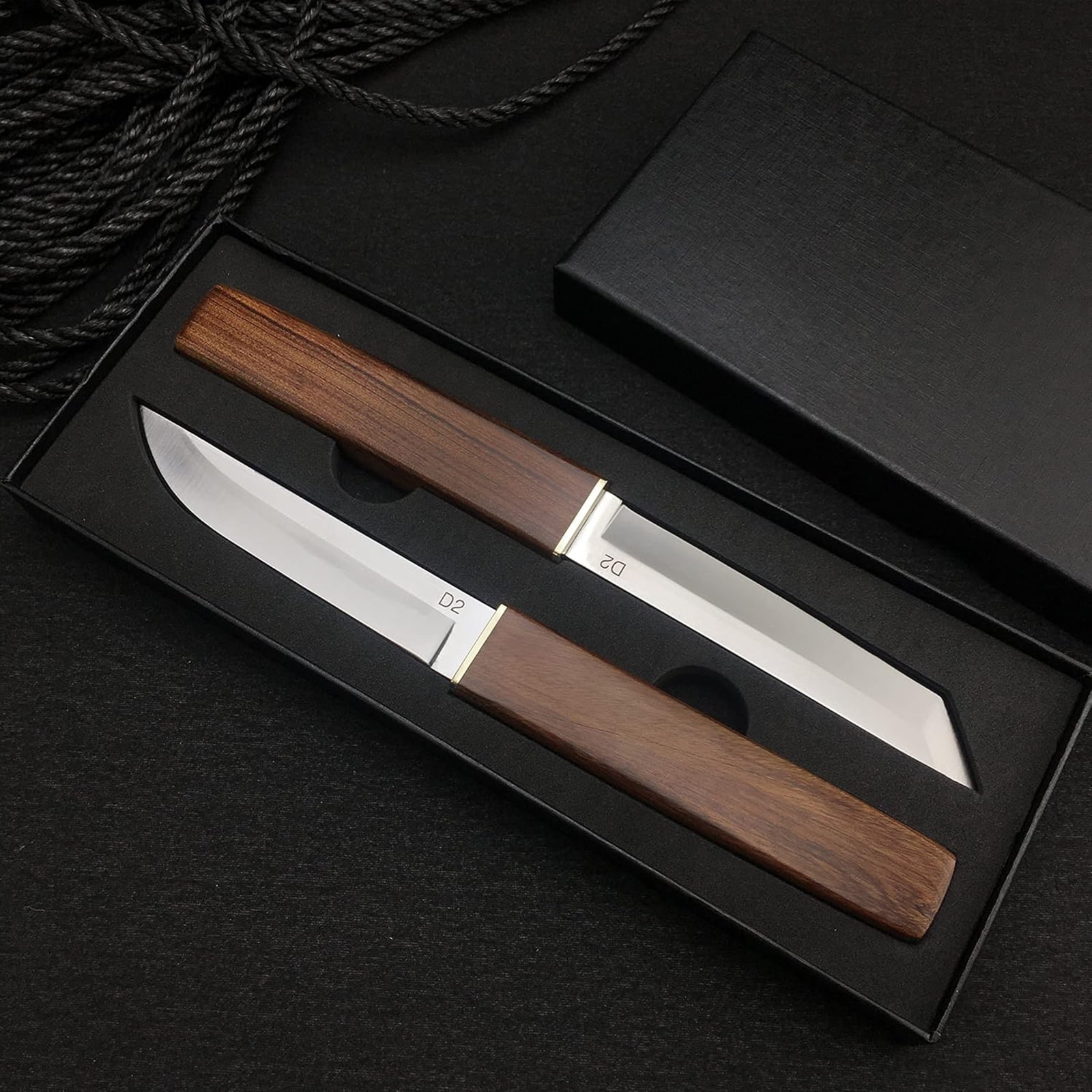 2 Pcs D2 Steel Blade Samurai Sword, Wooden Handle, Multifunctional Fruit Knife, Small Chef Knife,  Camping Sharp Fixed Knife