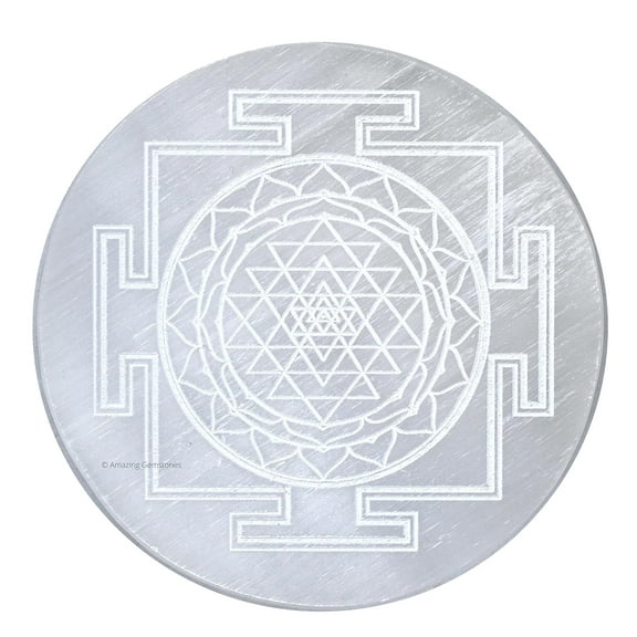 Selenite Charging Plate, Sri Yantra Engraved Crystal Charging Plate - 3" Inches