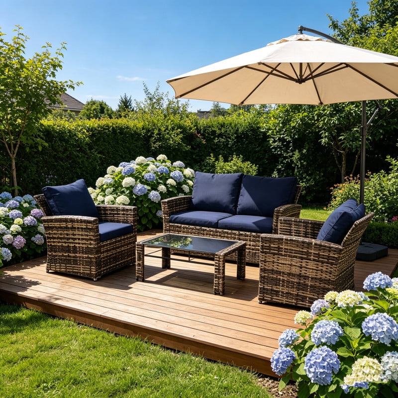 Howcool 4-Piece Patio Furniture Set,Wicker Outdoor Rattan Sectional Sofa with Cushions and Glass Table,All-Weather Outdoor Conversation Set for Garden,Porch,Backyard,Patio,Brown+Blue