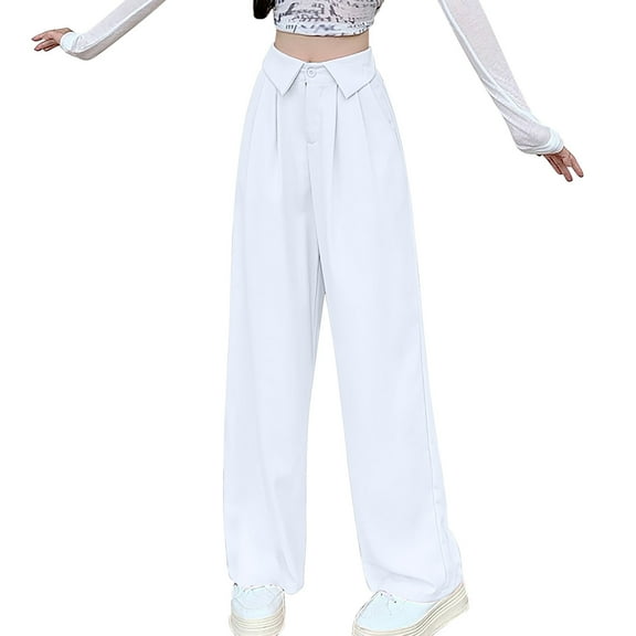 UAMVSH High Waisted Work Pants for Women Fold over High Waist Pleated Business Dress Pants Plus Size Casual Office Pockets Pants(X-Large,White)