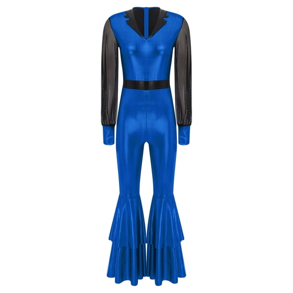 YiZYiF Womens Vintage 70s Disco Jumpsuit Metallic Shiny Tiered Bell Bottoms Hippie Romper Costume Royal Blue XL
