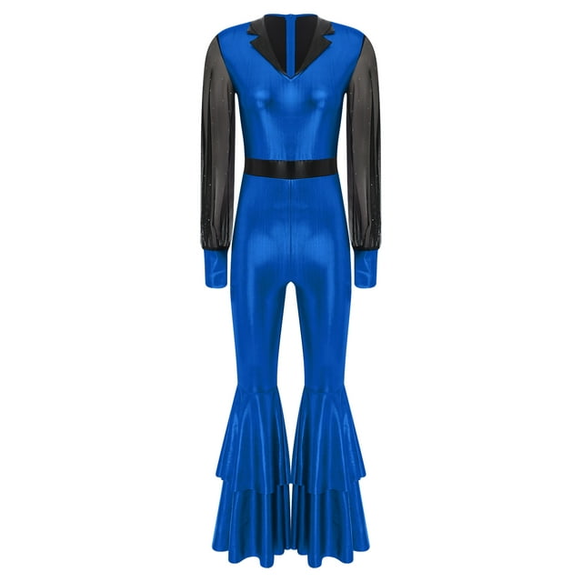 RUNQHUI Costume Brillant pour Femmes Tenue de Danse Disco Combishort Col à Revers Col en V Manches Longues Combinaison Évasée Bleu Royal G