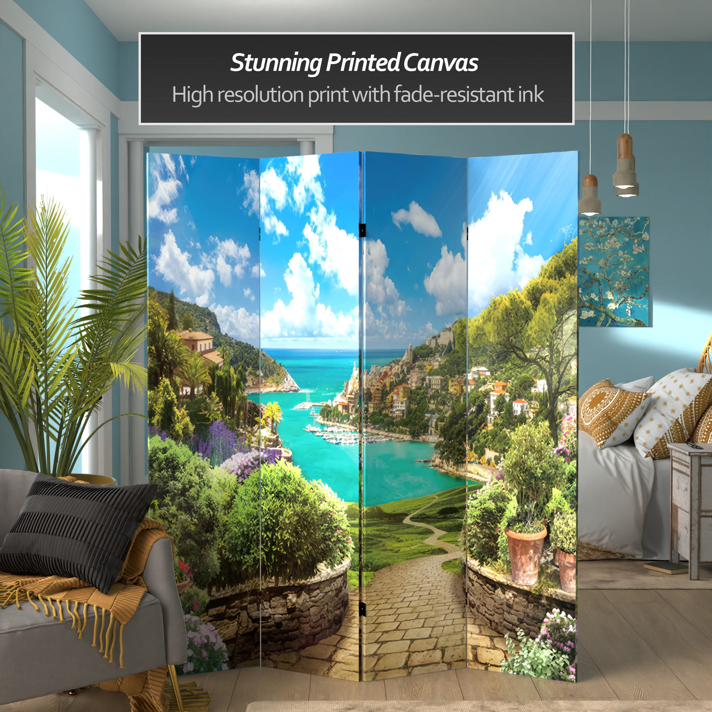 Oriental Furniture 6 ft. Tall Double Sided Coastal Village Canvas Room Divider