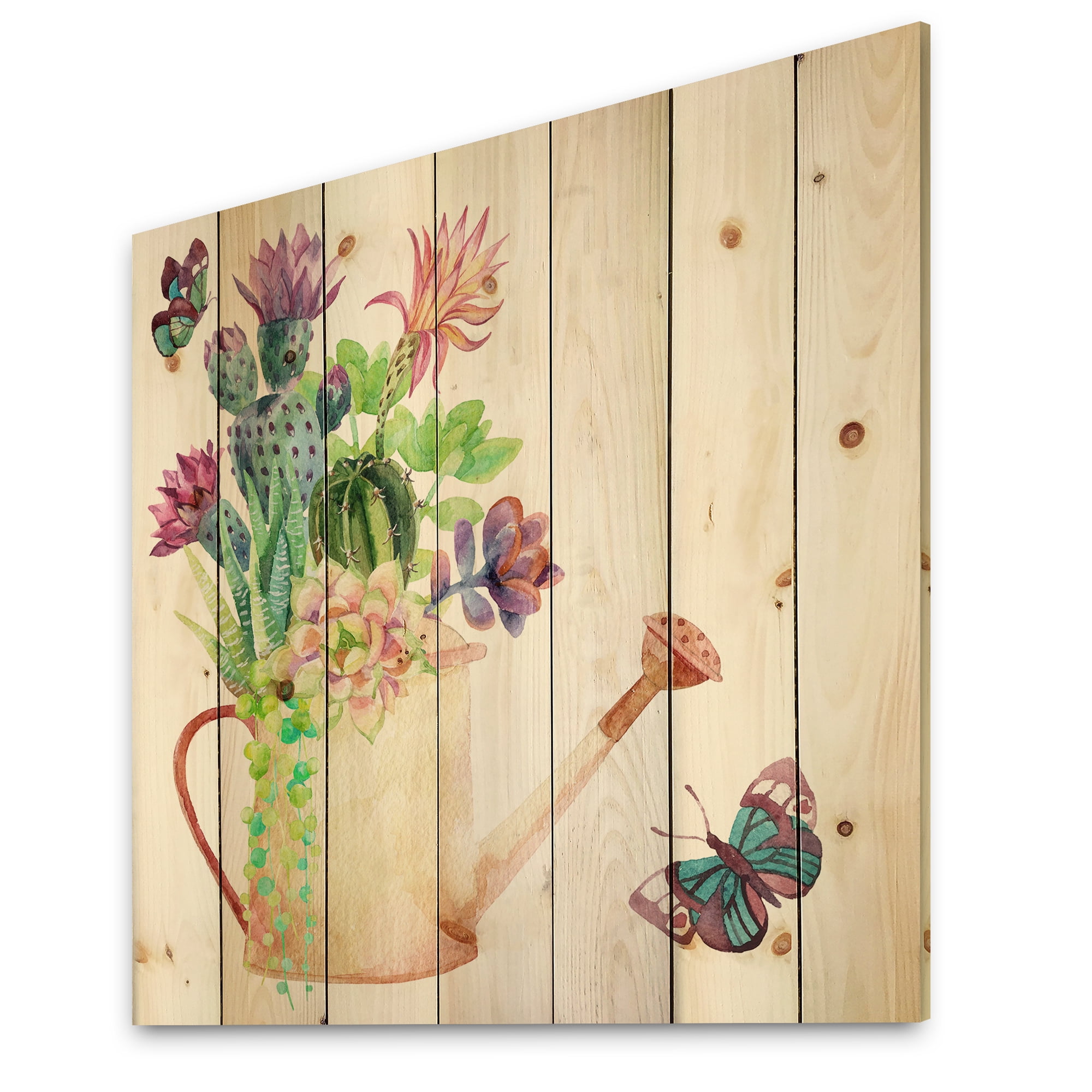 Designart 'Succulents In Old Watering Can With Butterfly' Farmhouse Print on Natural Pine Wood
