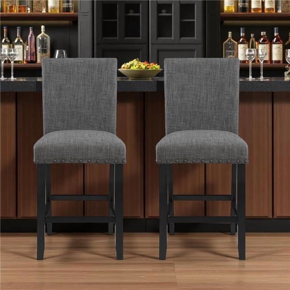 HomeRoots 564783 26 in. Gray & Black Wood & Fabric Counter Height Bar Chairs - Set of 2