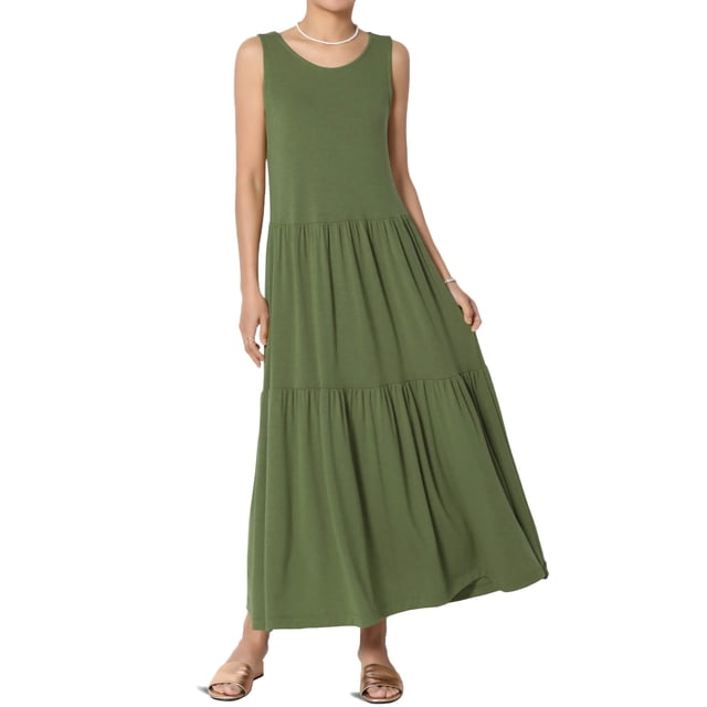 TheMoogan Robe Longue Midi Sans Manches d'Été pour Femmes Grande Taille, Col Rond, Jersey à Volants, Coupe Décontractée