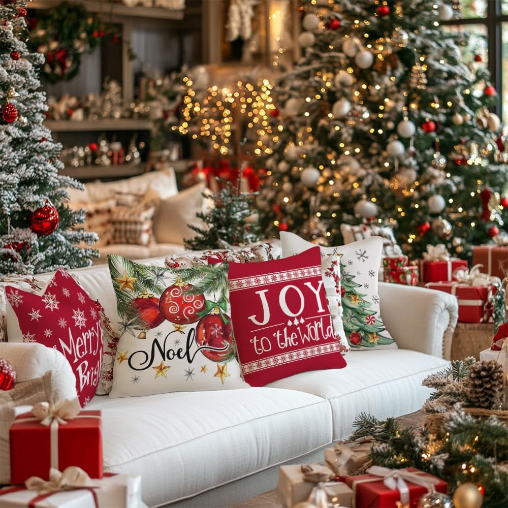 Christmas Throw Pillow Covers 20x20 Inch Set of 4, Xmas Tree Balls Merry and Bright Joy to The World Red Winter Holiday Farmhouse Decorative Cushion Cases for Home Decoration G631-20