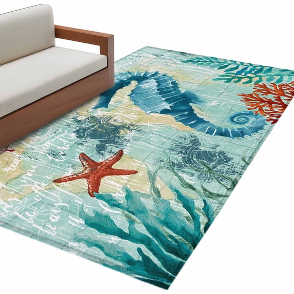 Kitchen Mats for Floor 3x5 Ft, Sea Seahorse Coastal Non Slip Area Rugs for Kitchen Bedroom Entryway, Turquoise Nautical Summer Coral Vintage Washable Carpet Runner Rug Floor Mats for Bedroom