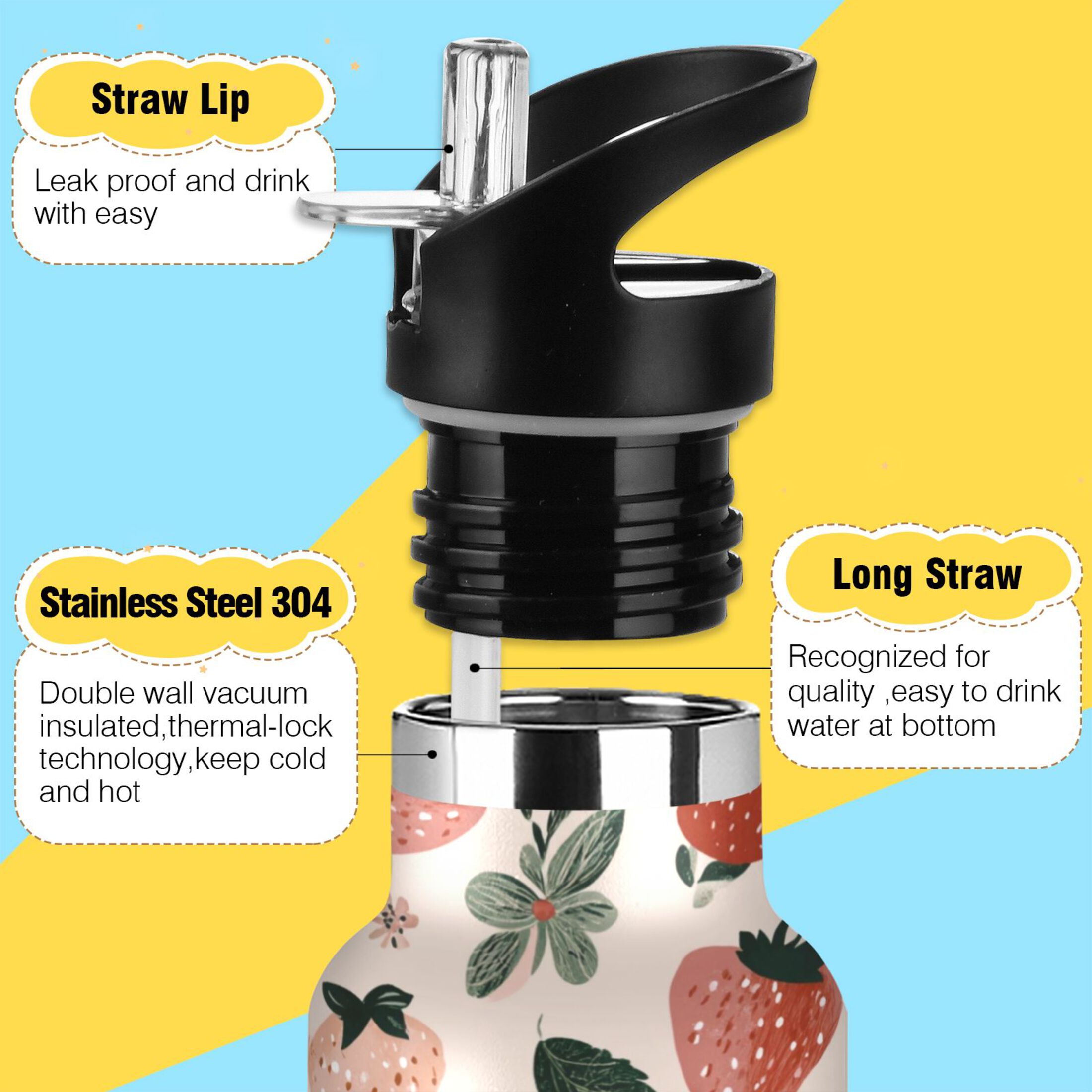 Kids Insulated Stainless Steel Sports Water Bottle 600ml (20oz) Cute Pinks Strawberries
