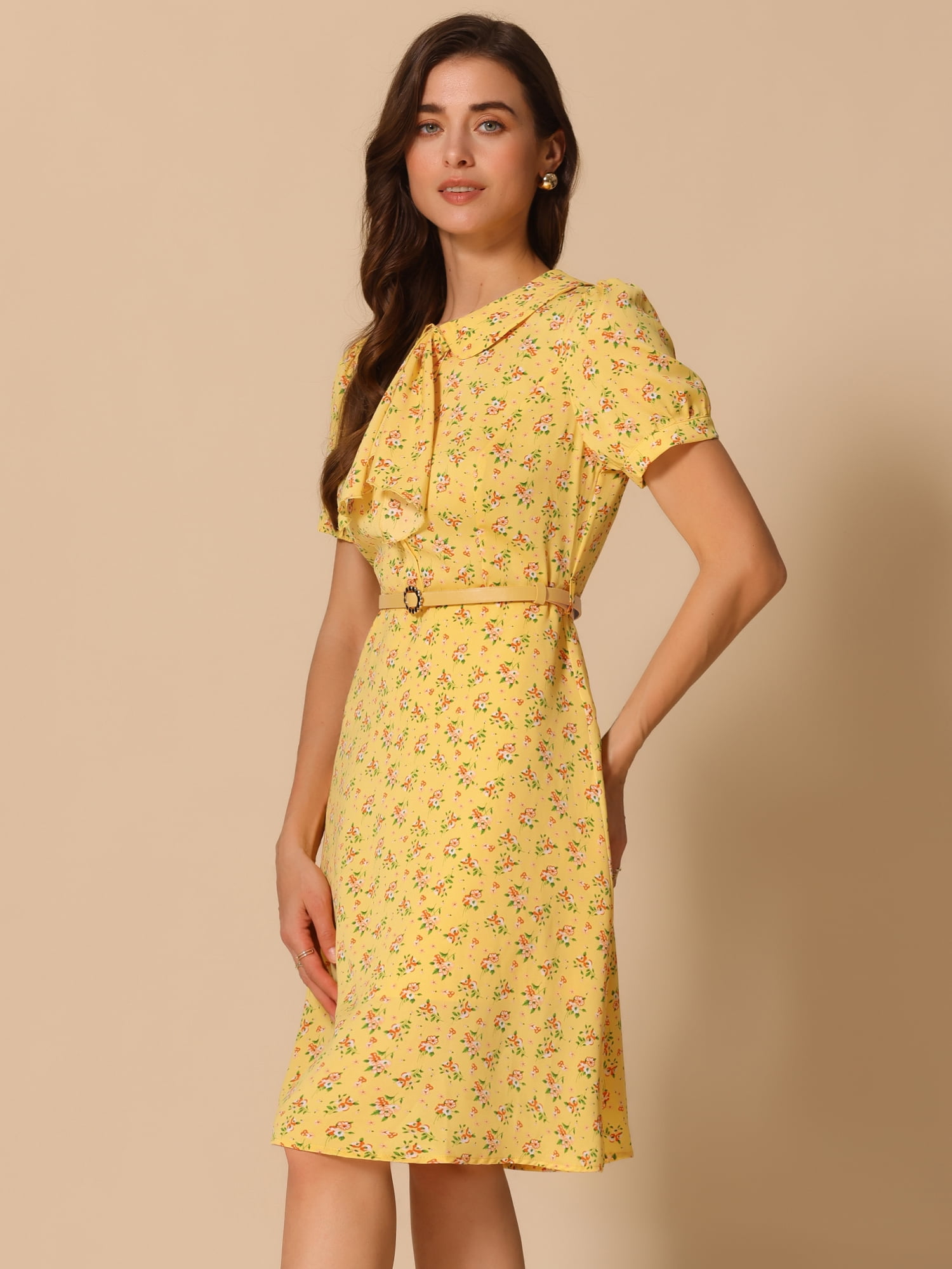 DARING DIVA Women's Tie Neck Short Sleeves A-Line Belted Floral Dress M Yellow