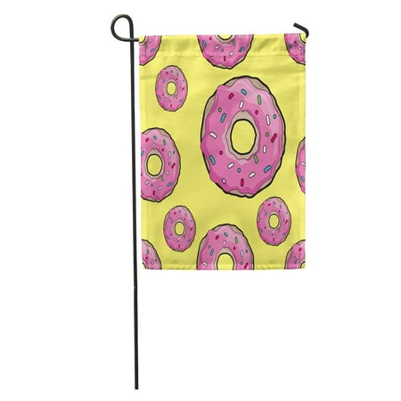 Anniversary Booklet - SIDONKU Brown Anniversary Donut Pattern Pink Icing on Yellow Booklet Raster Bakery Berry Garden Flag Decorative Flag House Banner 12x18 inch