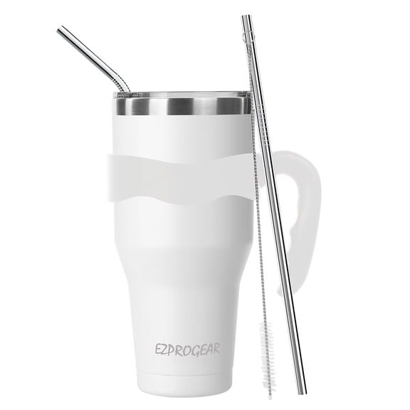 Ezprogear 40 oz White Stainless Steel Tumbler Double Wall Vacuum Insulated Coffee Cup with Straws and Handle