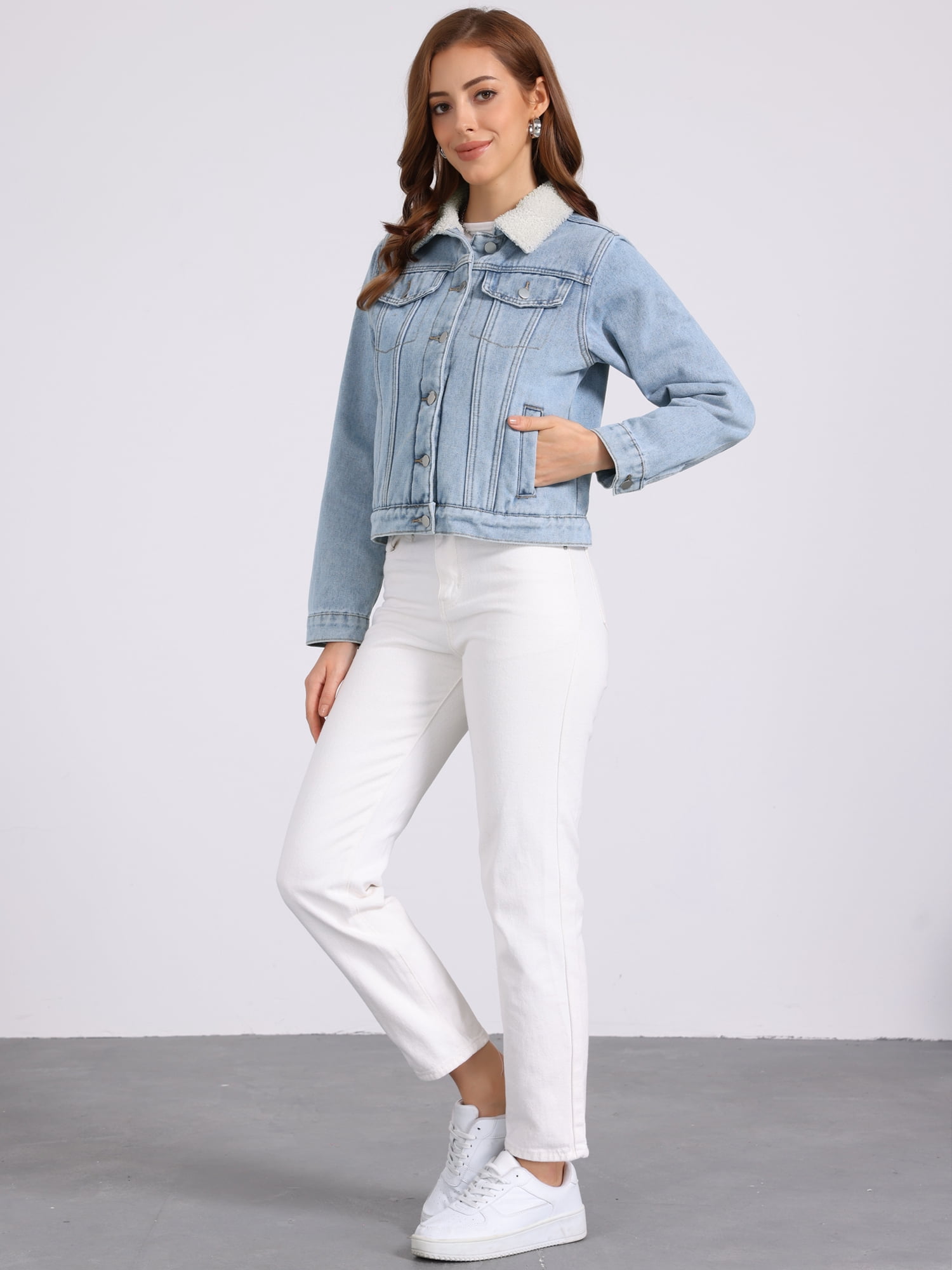 DARING DIVA Women's Fleece Lined Faux Fur Short Trucker Jean Jacket S Light Blue