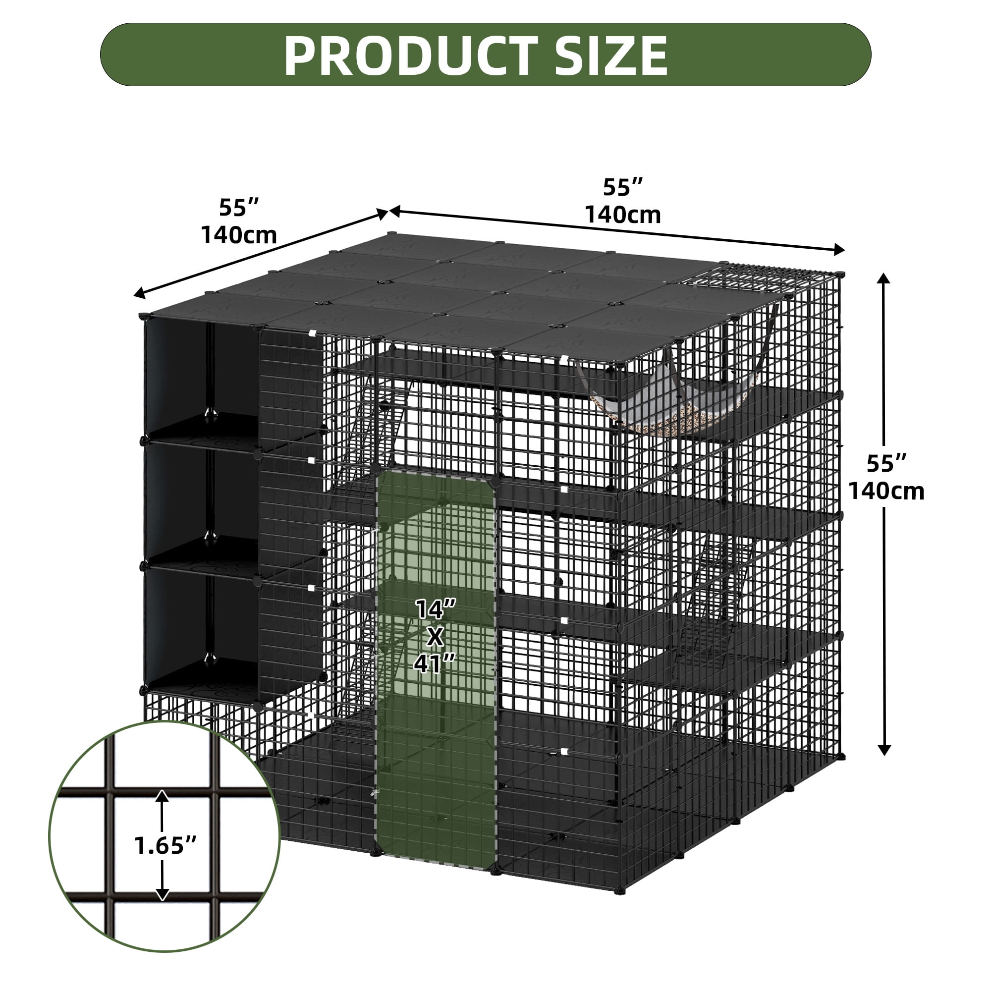 Uforic Large 4-Tier Cat Cage with Extra Large Hammock – Metal Playpen Cat Kennel for 1-4 Cats, Indoor DIY Cat Enclosure, Black, 55"L x 55"W x 55"H