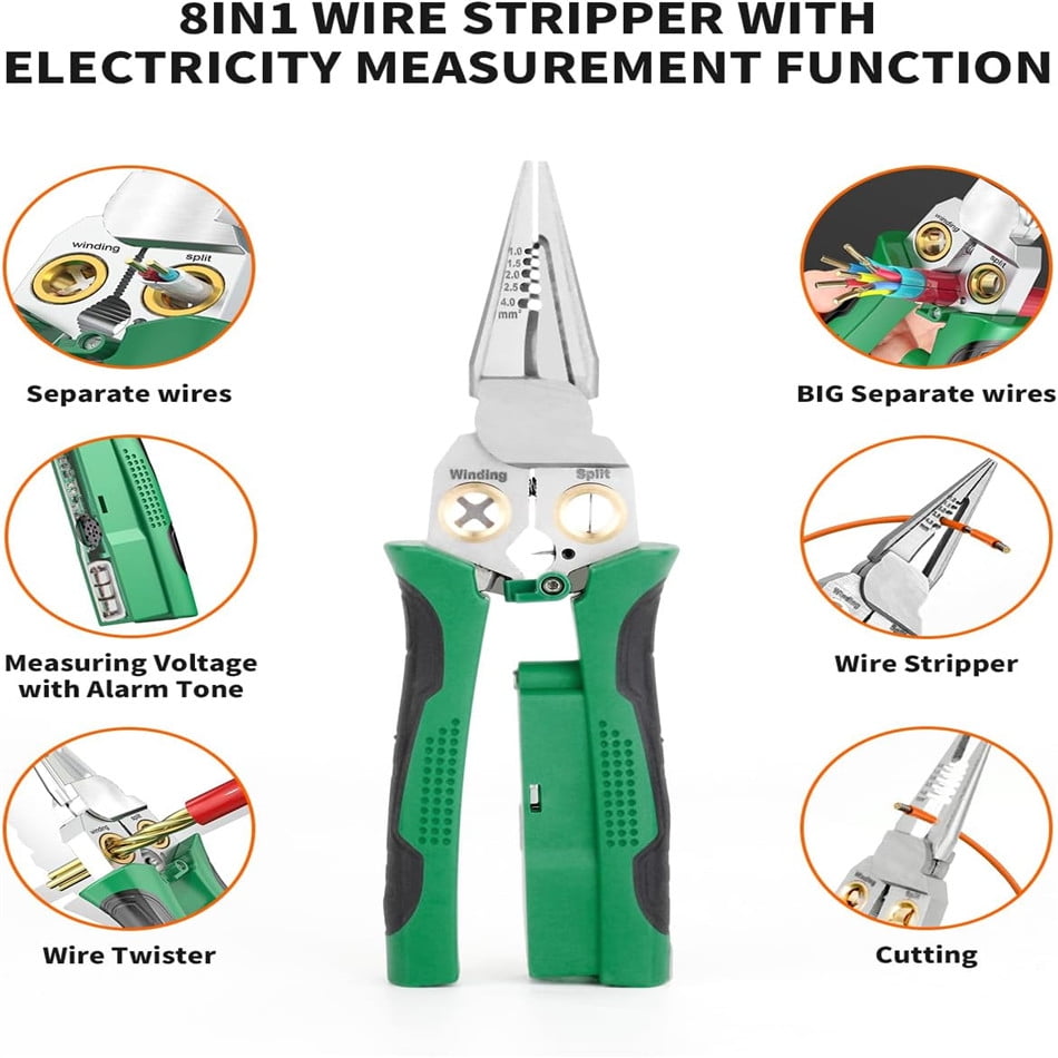 8 in1 Wire Stripper Twister for Cutting and Pulling Wires, Cable Scissors,Voltage Tester Pliers, 12V to 250V Live,Null,Hot Wire Judgment AC DC, Audible and Flashing LED Alarms