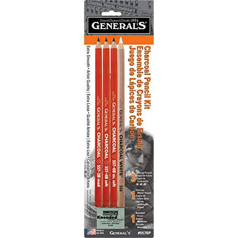 Generals Charcoal Drawing Set White Black Set of 4 Pencils & 1
