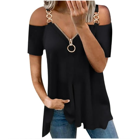USSUMA Womens Blouses and Tops Dressy Summer Women 2022 Cold Shoulder Tshirt Tops Casual Sexy Loose Fit V Neck Blouses Fashion Short Sleeve Zipper Tunic Tees