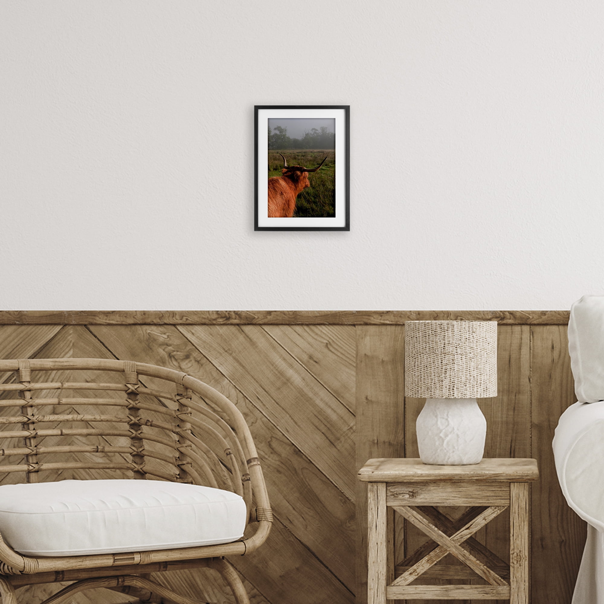 Highland Cow Gazing Out Black Framed Print Under Glass, design by Jenny Rainbow Fine Art