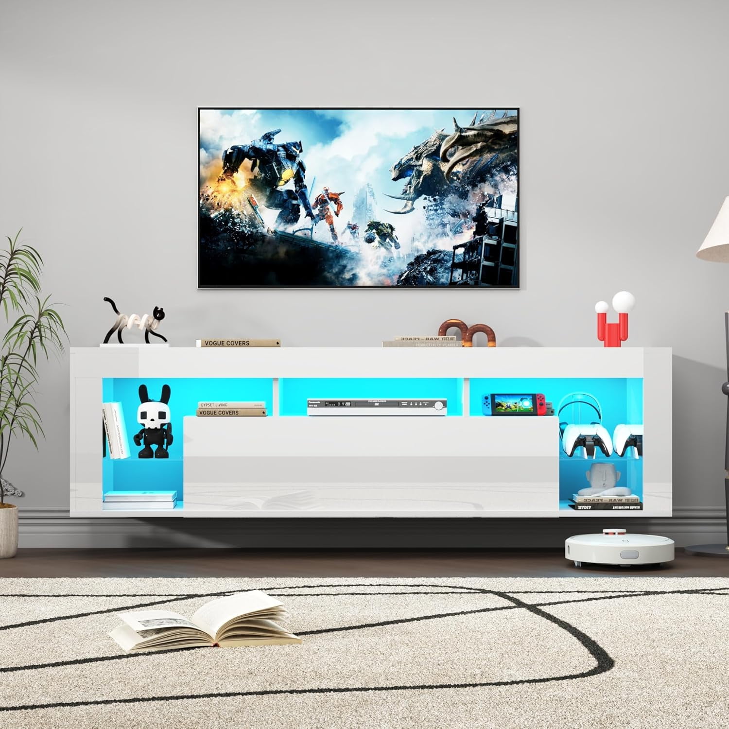 ChVans Floating TV Stand for TV's up to 75", Wall Mounted Floating Entertainment Center with LED Lights, Modern Wood TV Cabinet for Living Room, Bedroom,White