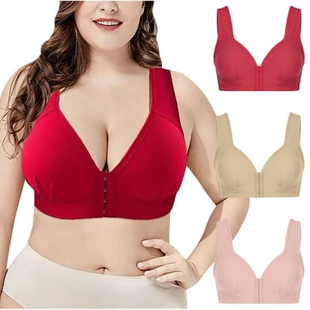 Munlar Womens Bra Stretchy Comfortable Seamless Wire-Free Front Buckle Everyday Bra Pink Plus Size 3 PC Push-Up Basic Bra L