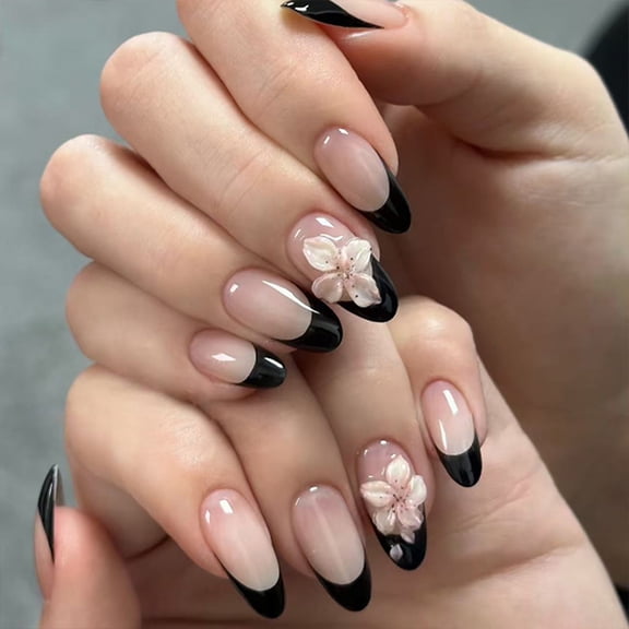 Simple French Black Short Press-On Nails, 3D Floral Design