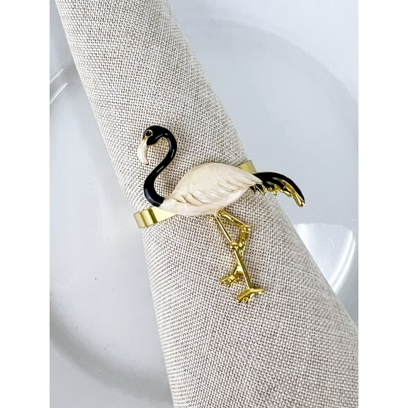 Fennco Styles Enamel Glazed Flamingo Metal Napkin Rings, Set of 4 - Beige Decorative Napkin Holders for Home, Dining Room, Banquets, Family Gatherings, Holidays and Special Occasions