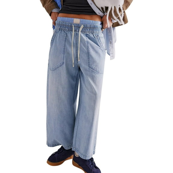 Seductiva Women's Wide Leg Jeans Pantalones De Mezclilla Holgados Con Cordón Para Mujer Cintura Elástica Pantalones De Mezclilla De Pierna Ancha Straight Leg Stretchy Jeans 1PC