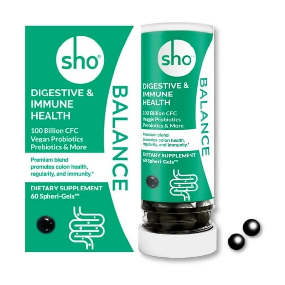 SHO Balance 100 Billion CFU Prebiotics and Probiotics Including Lactobacillus Casei for Digestive Health, Shelf-Stable Vegan Probiotics for Men and Women – 60 Pills Refill Bottle