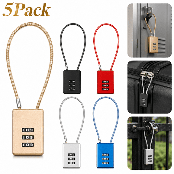 3 Digit Combination Lock with 500MM/19.69IN Durable Wire Rope Keyless Resettable Code Combo Security Padlock for Gates Gym Locker and Suitcase Pack of 5