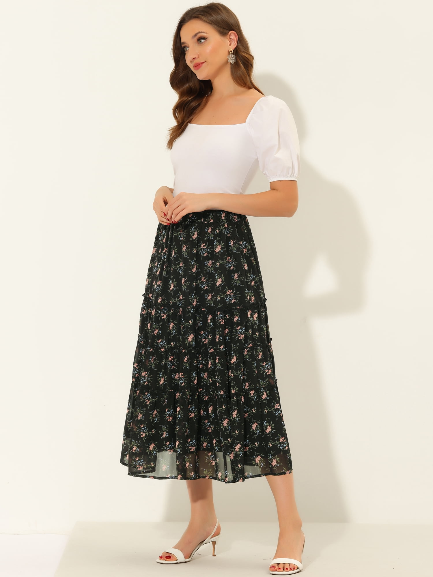 DARING DIVA Women's Chiffon Tiered A-Line Maxi Skirt XL Black A