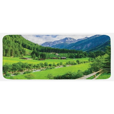 Mountain Kitchen Mat, Alpine Landscape with Meadow Cottages and Pines Stream in Village View Print, Plush Decorative Kitchen Mat with Non Slip Backing, 47" X 19", Green White, by Ambesonne