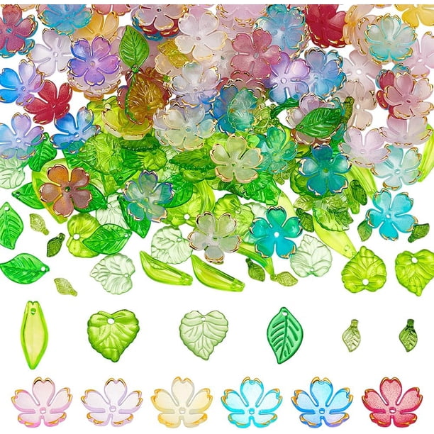 Kit de 192 piezas de cuentas acrílicas con forma de hojas y flores en colores surtidos para hacer bisutería. Incluye tapas para cuentas de flores y un juego de cuentas acrílicas surtidas.