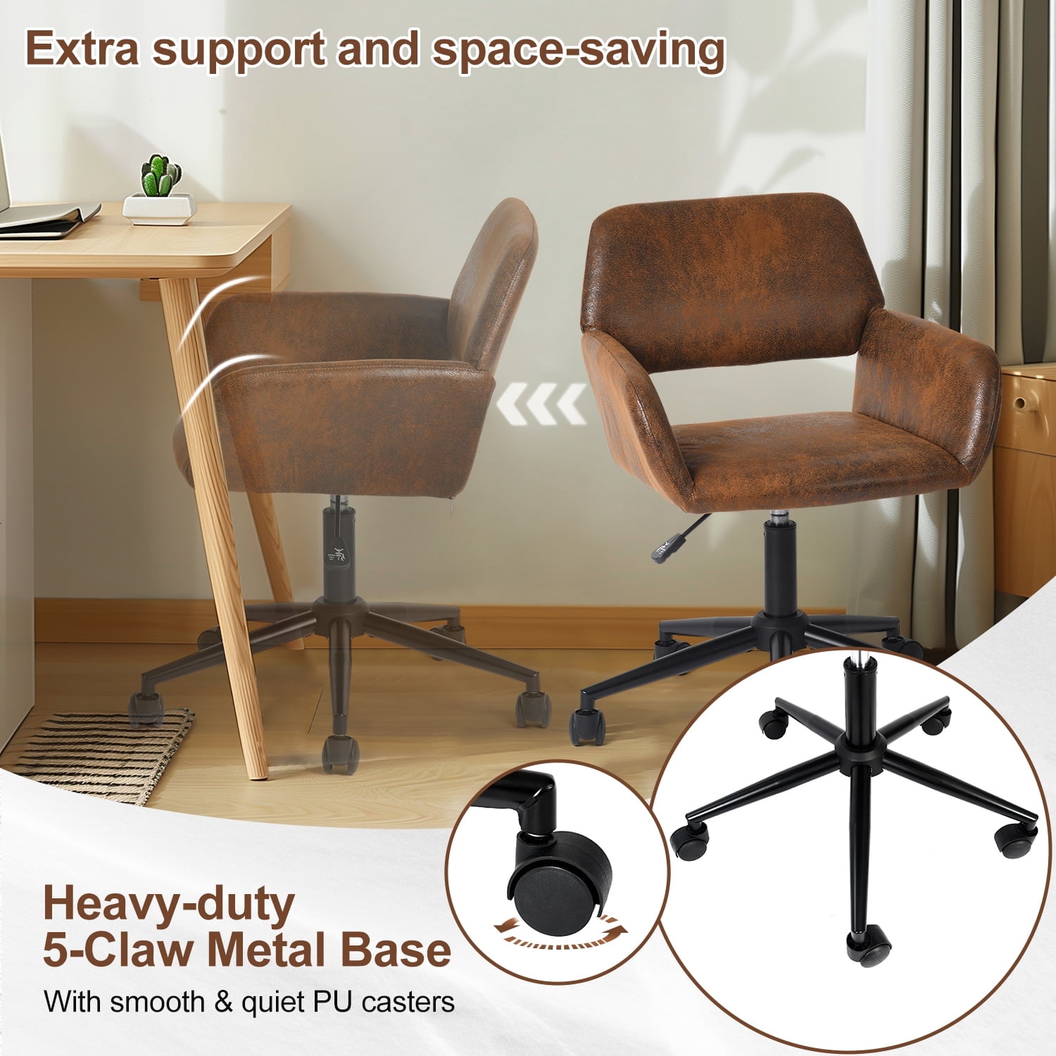 Homy Casa Swivel Office Chair, Adjustable Rolling Desk Chair for Meeting, Vanity or Meeting, Brown