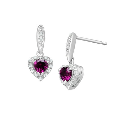 3/4 ct Natural Rhodolite Garnet Heart Mini Drop Earrings with Diamonds in Sterling Silver