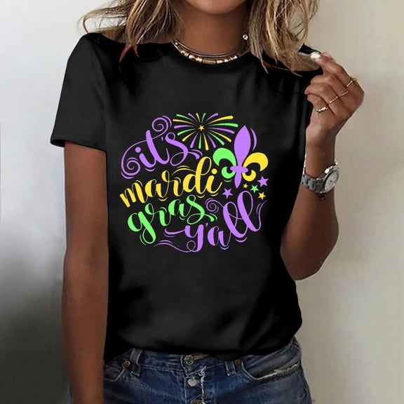 PNTUTB Women's Summer 2026 Mardi Gras Printed Casual Short Sleeve Round Neck Loose Comfortable T Shirt