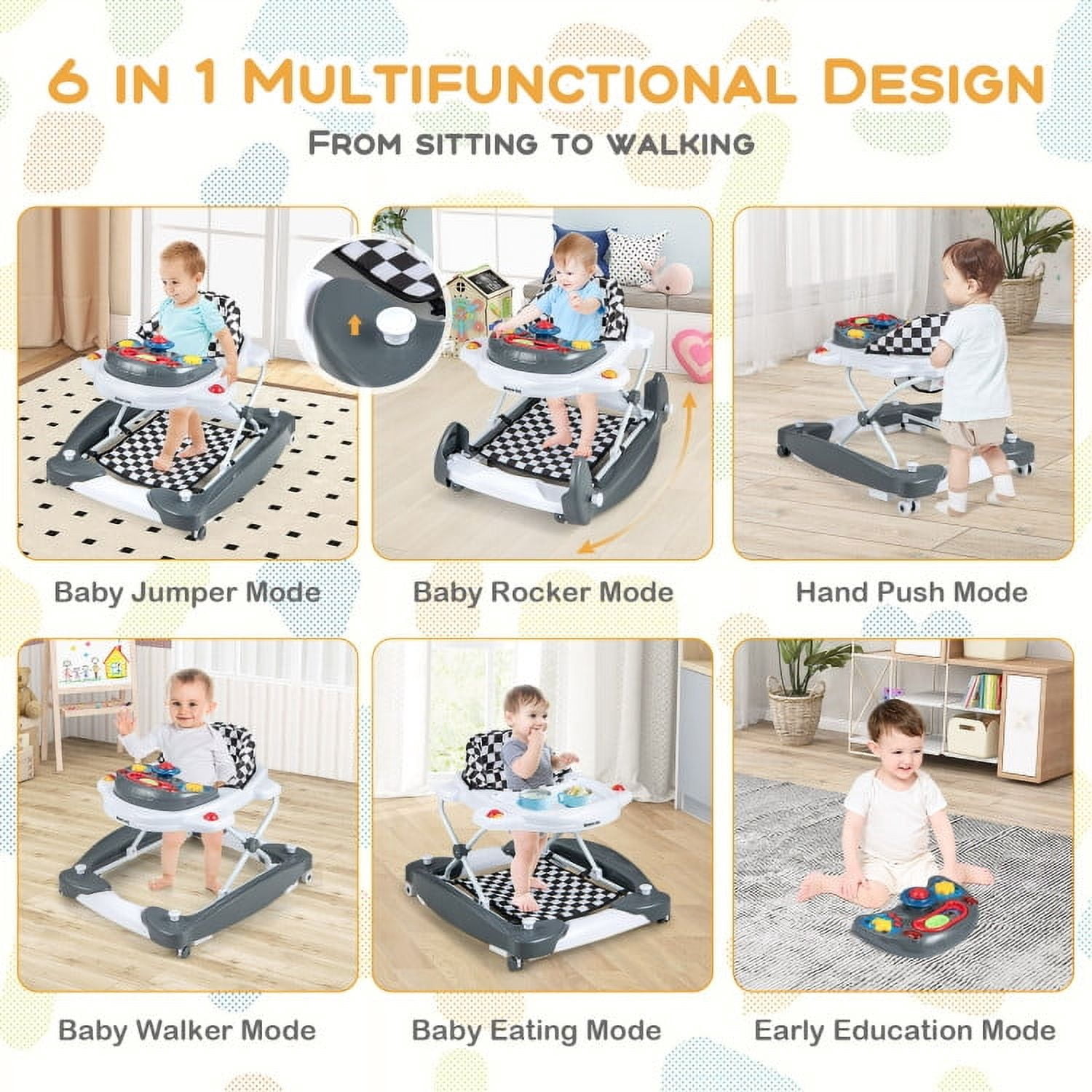Kadyn Baby Learning Walker, Baby Walker, Baby Activity Walker,6 in 1 Foldable Baby Walker with Adjustable Height-Gray