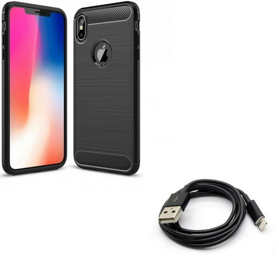 Charger Cord 6ft USB Cable w Carbon Fiber Case for iPhone XS Max - Power Wire Long Sync Fast Charge and Slim Fit Cover Reinforced Bumper Shock Absorbent Black
