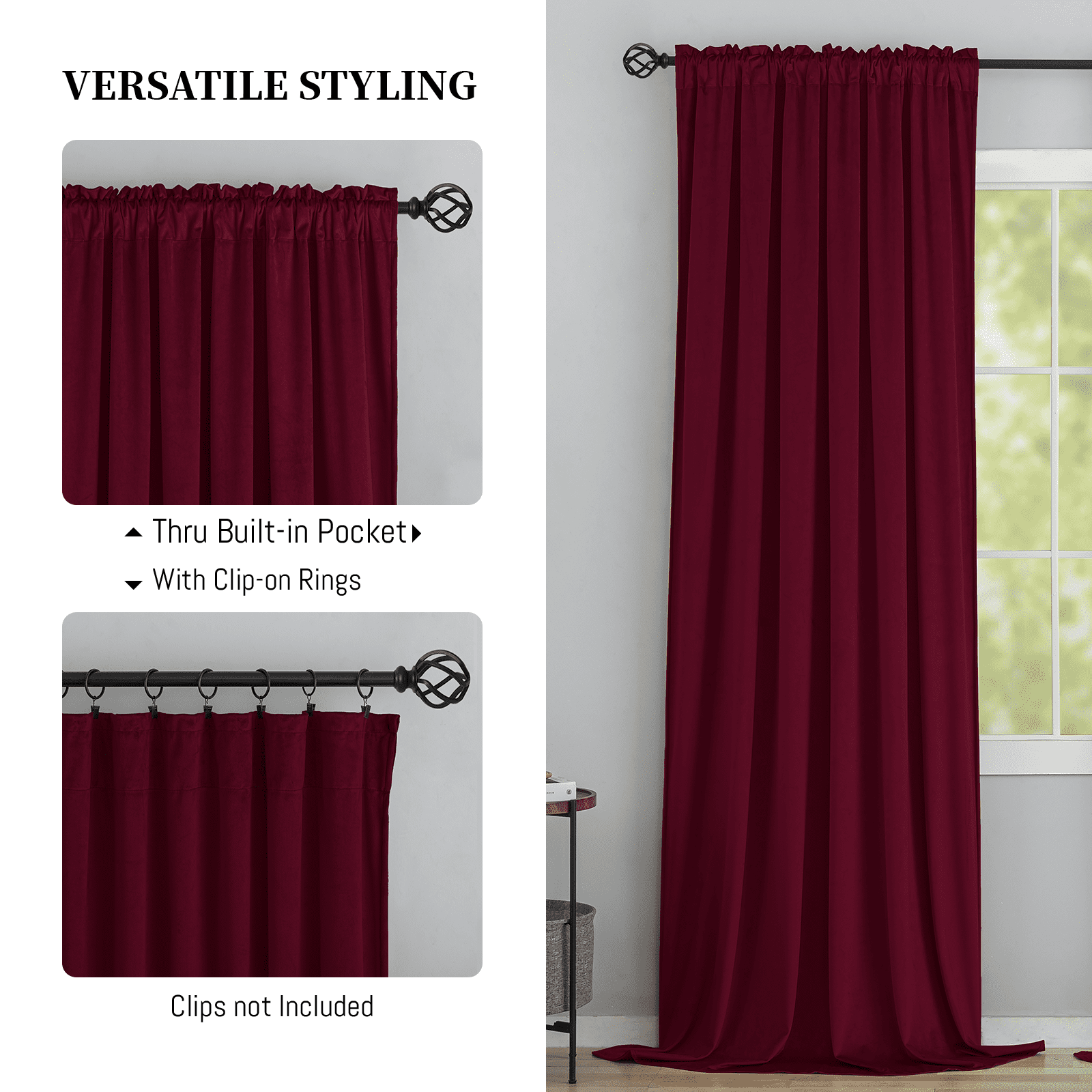 Yakamok Velvet Curtains 96 inches 2 Panels - Luxury Room Darkening Wine Red Curtains for Bedroom Living Room Thermal Insulated Super Soft Window Drapes Rod Pocket, W52 x L96 inches