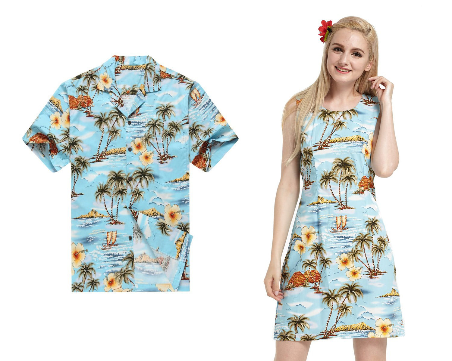 Made in Hawaii Couple Matching Luau Aloha Shirt Tank Dress Cross Parrots Palms in Royal Blue 