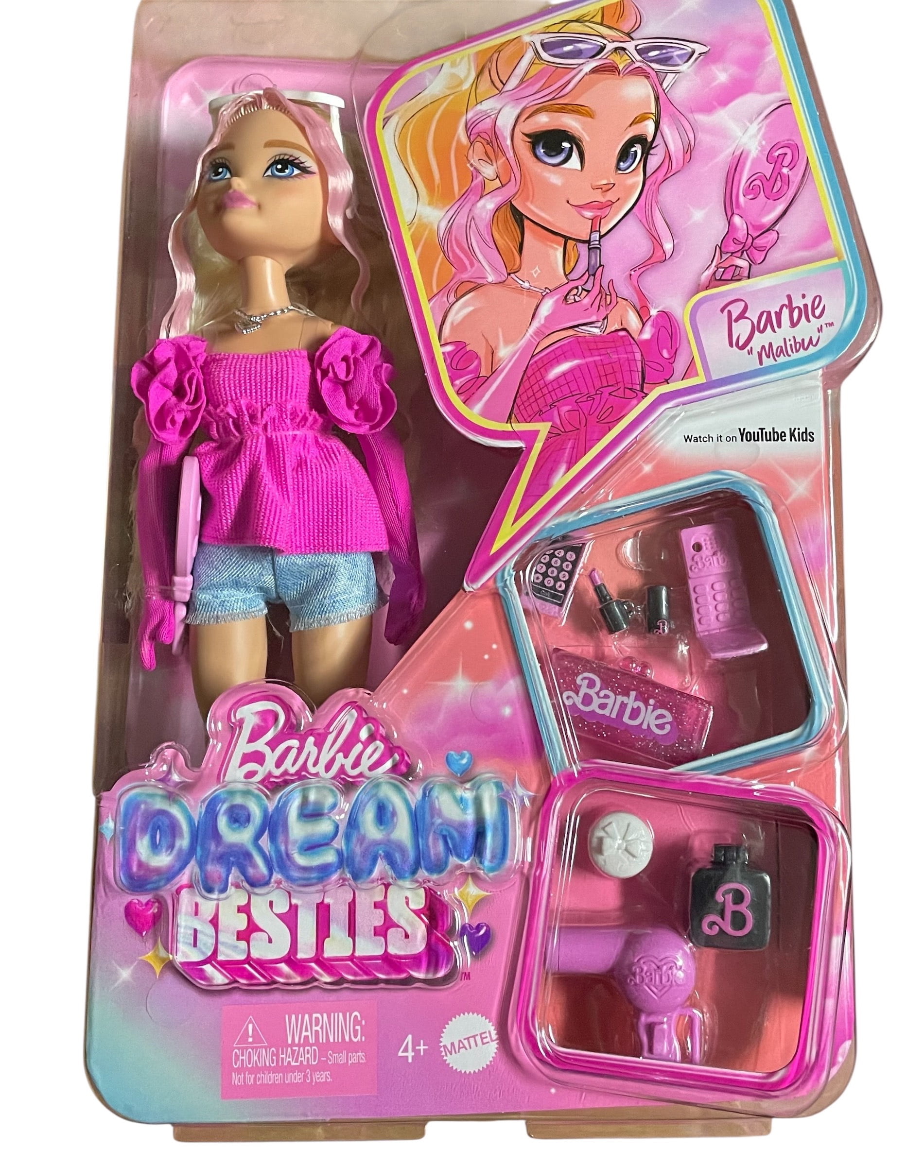 Easter Gift Basket with Barbie Malibu, Plastic Fillable Easter Eggs, Candy,  Coloring Book,  Wooden  DYI Craft Kit with Markers and a Barbie Body Scrub in Pink Reusable Bunny Bucket. Birthday