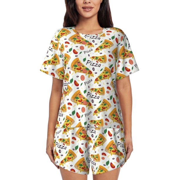 Balery Pizza Slices Conjunto de Pijama para Mujer con Estampado, Dos Piezas de Manga Corta y Shorts, Ropa de Dormir Suave con Cuello Redondo y Bolsillos-Small
