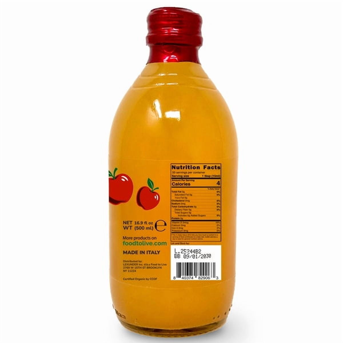 Food To Live Organic Apple Cider Vinegar, 500 ml – Raw Italian Natural Vinegar with the Mother, Unfiltered, Unpasteurized, Non-GMO, Vegan, Bulk, Glass Bottle (Pack of 6)
