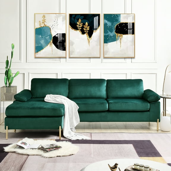 Velvet Chaise Sectional - , Foam Padding, Mid-century Modern Style, Solid Wood Frame, Brass Gold Metal Legs, Upholstery With Filled, &