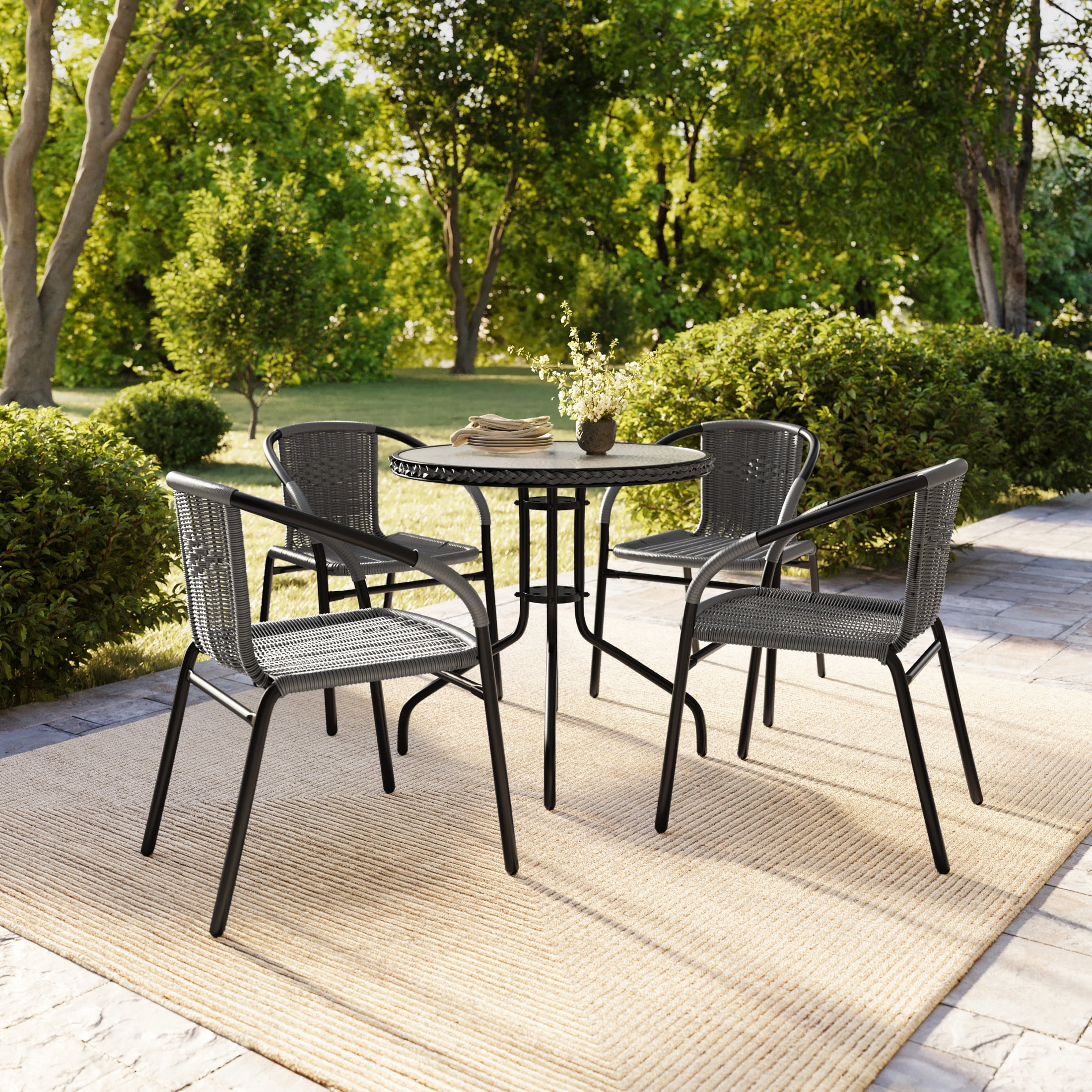 Flash Furniture 28'' Round Glass Metal Table with Gray Rattan Edging and 4 Gray Rattan Stack Chairs