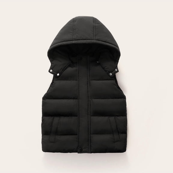 BRGZLK Hooded Down Puffer Vest for Kids Fall Winter Cute Solid Color Zipper Lightweight Warm Thick Windproof Sleeveless Jacket with Detachable Hooded Black 7-8 Years