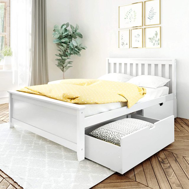 BEDSMART Lit Double en Bois Massif avec Rangement / Blanc