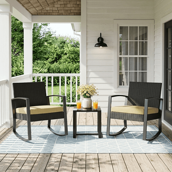 3 Piece Patio Furniture Set, Modern Outdoor Wicker Rattan Chairs with Glass Table, All-Weather Conversation Set with Removable Cushions for Porch, Balcony, Backyard, Beige